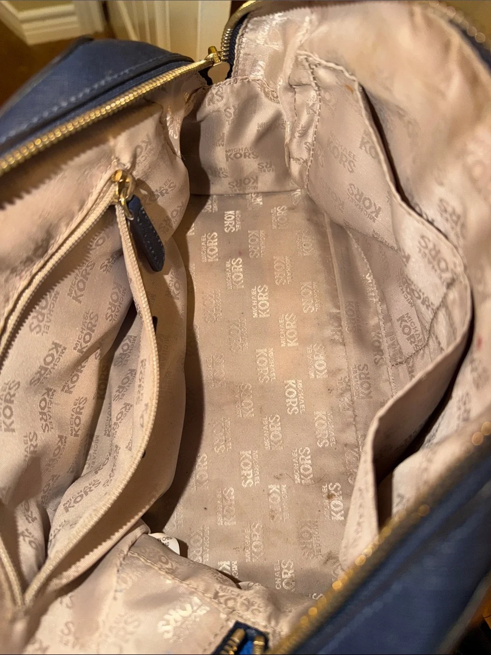 Michael Kors Navy Saffiano Leather Satchel with Gold Stud Accents